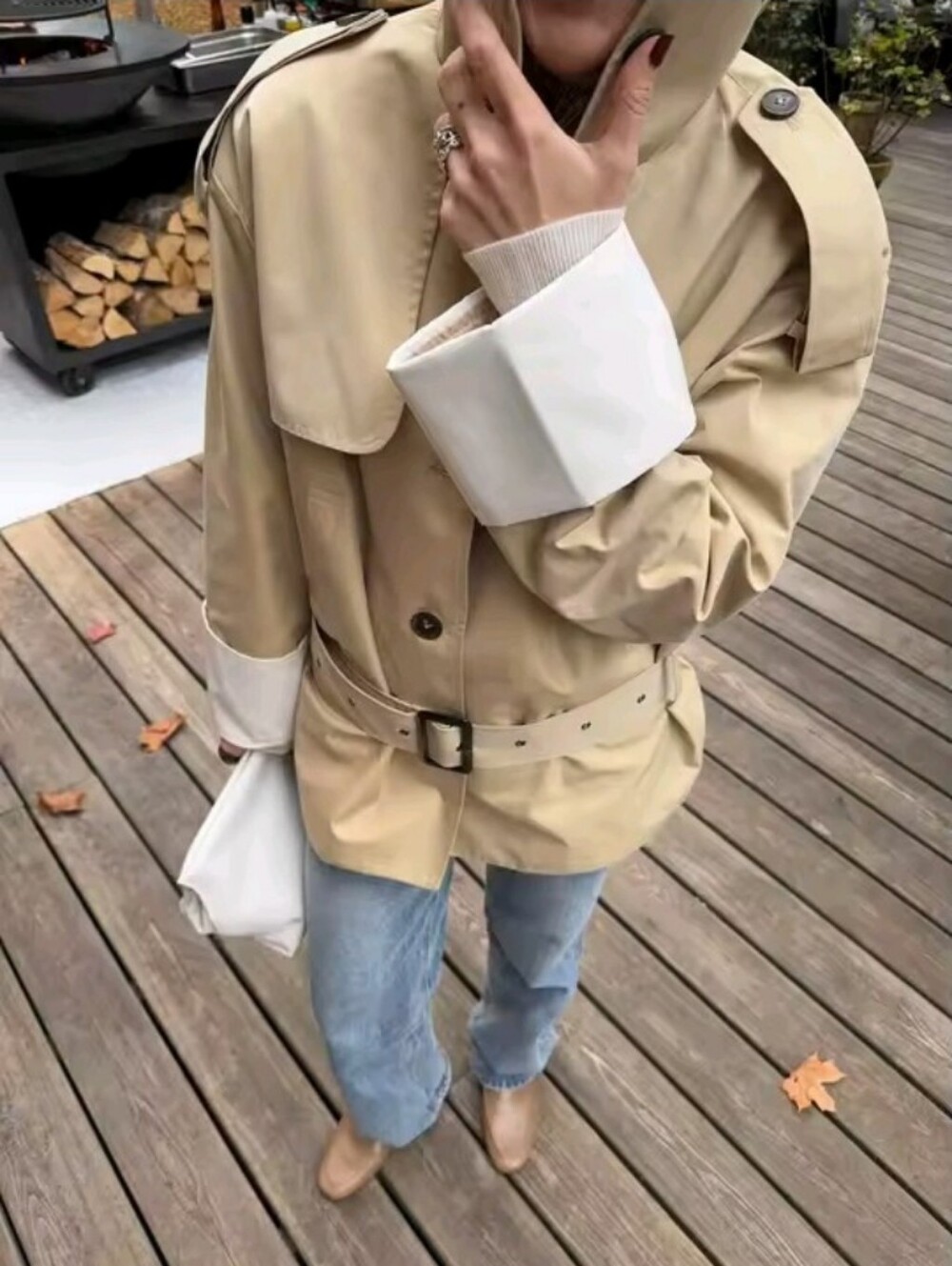 Women Chic Stand Collar Belted Trench Coat Casual Contrast Cuff Single Breasted - Picture 6 of 7